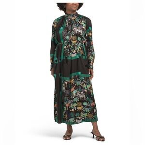 Dalia MacPhee Black Green Multi Long Sleeve Pleated Maxi Dress Women’s XL NWT